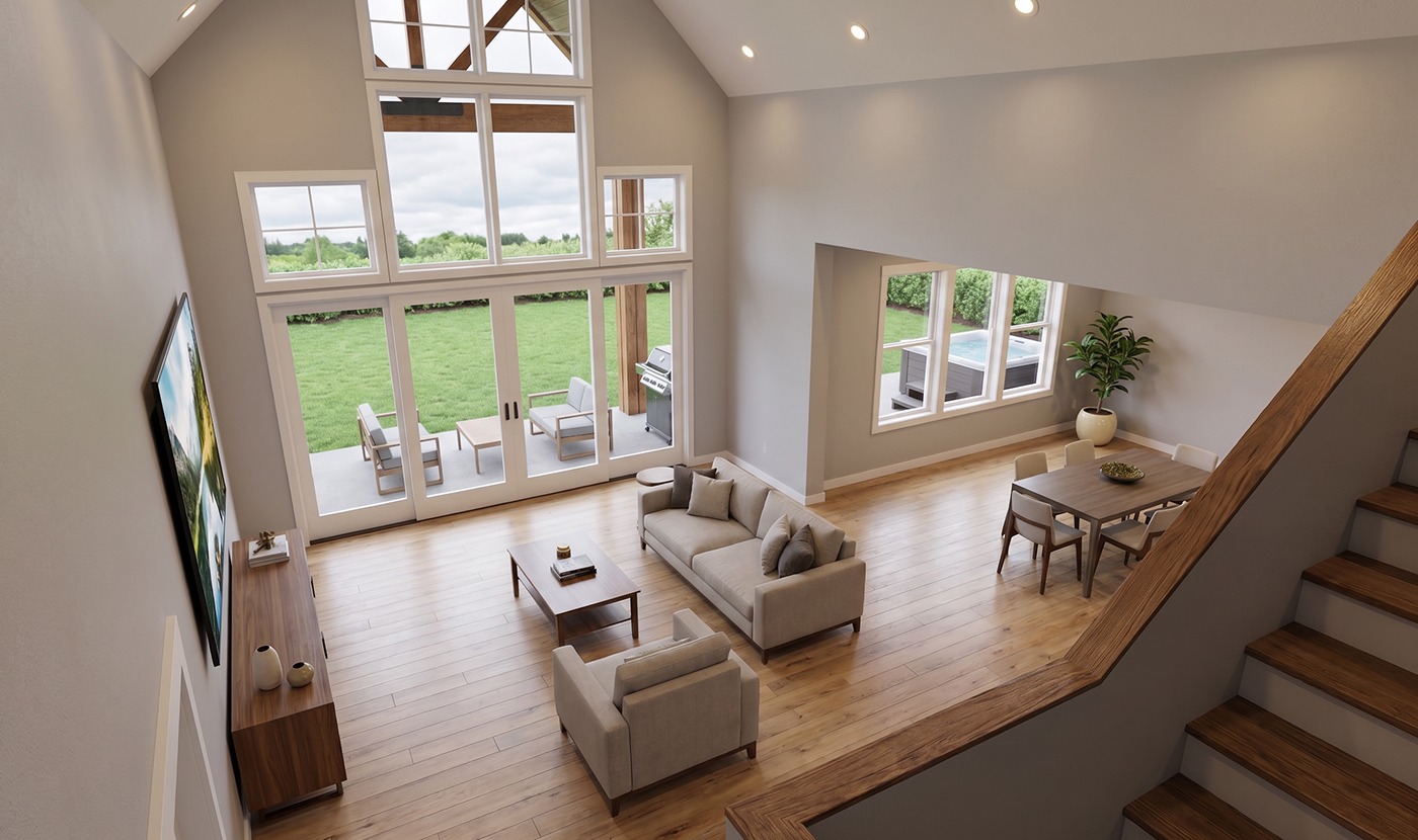 Open-concept living room with tall windows, beige seating, and a dining area near a plant, plus a wooden staircase nearby? (entire scene).