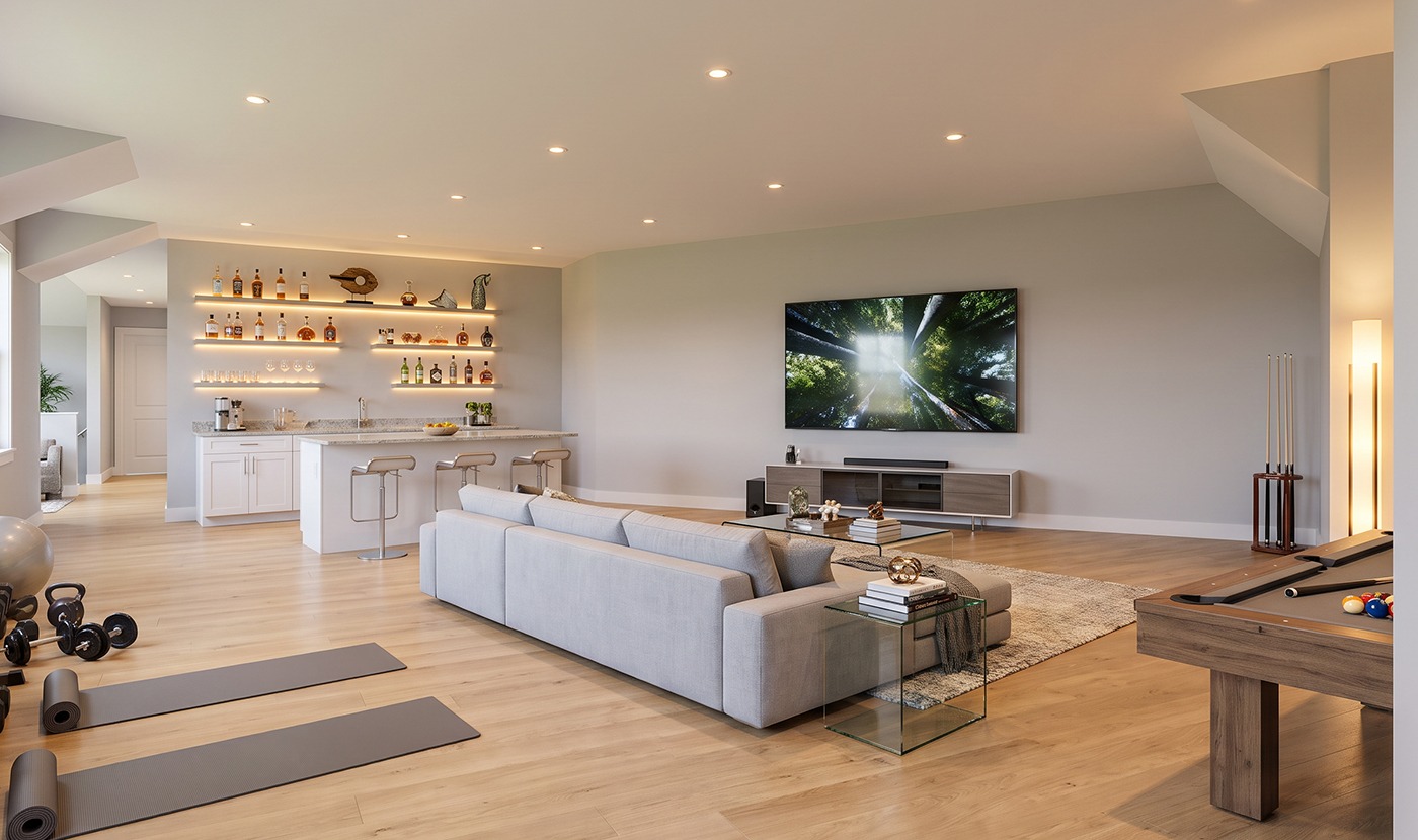 Spacious modern living area with a wall-mounted TV, gray sectional sofa, glass tables, and a pool table on the right; open kitchen bar to the left with shelves and bottles, plus exercise mats and dumbbells in the foreground.