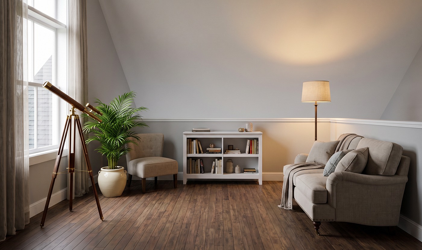 Cozy living room corner with a wooden telescope by a large window, a potted plant, and a beige armchair.
