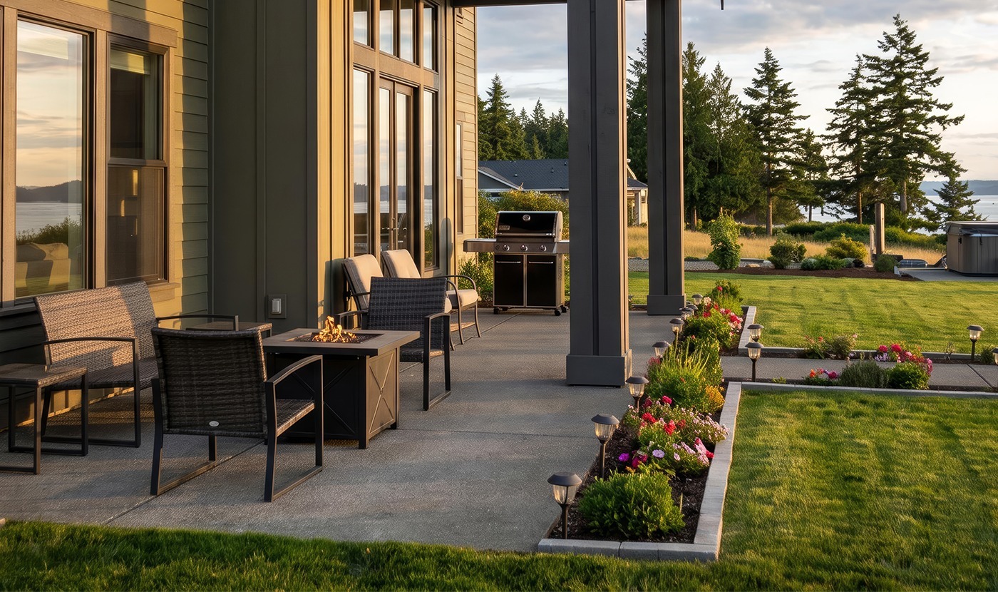 Patio of a modern house at sunset with outdoor seating, a fire pit, and a grill, overlooking a landscaped lawn and distant water.