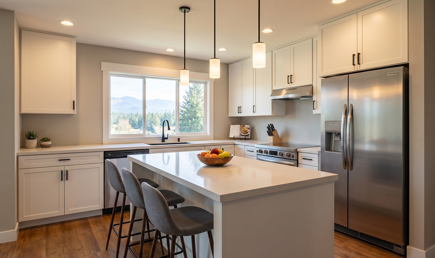 Bright modern kitchen with white cabinets and island; mountain view through the window.