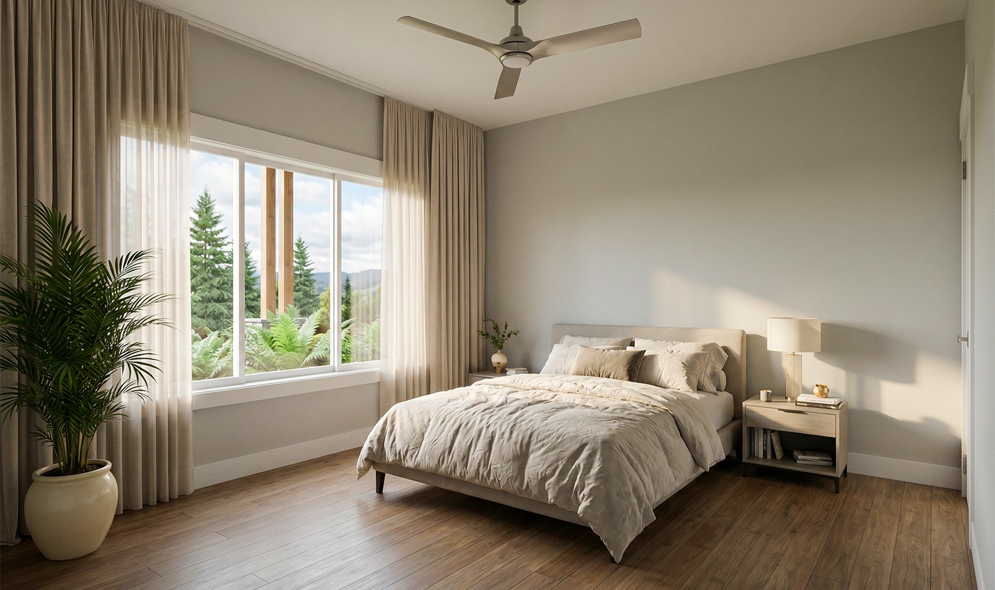 Bedroom with a queen bed and beige bedding, large window with sheer curtains, potted plant by the window, and a wooden nightstand with a lamp on a light wood floor.