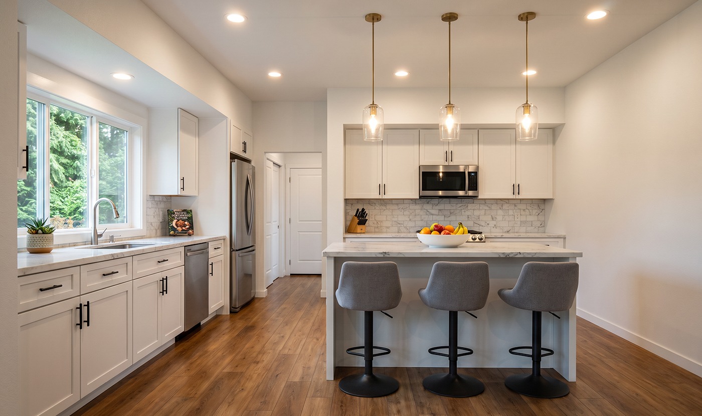Bright modern kitchen with white cabinets, marble countertops, island seating for three, stainless steel appliances, and pendant lights over the island.