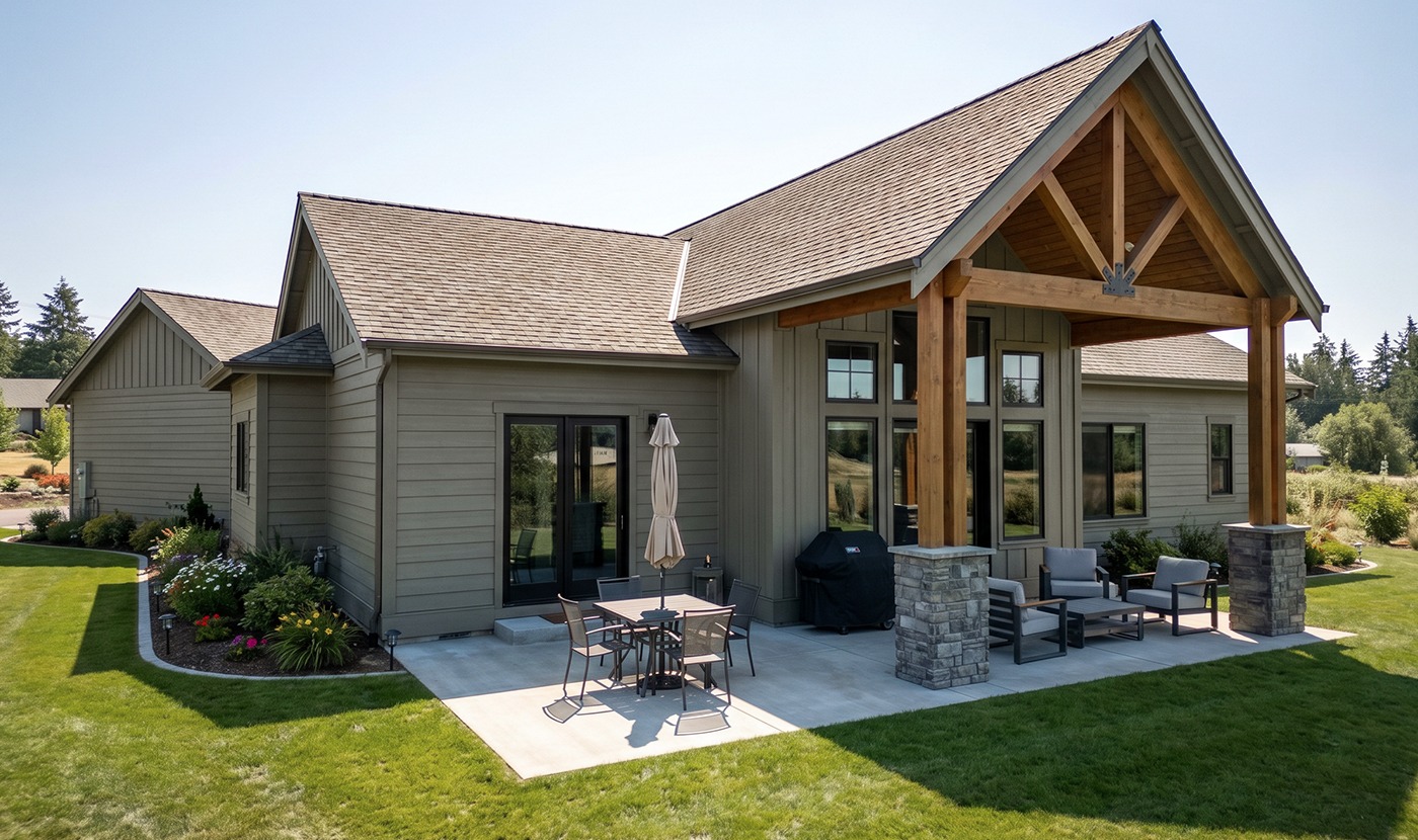 Modern single-story home with a covered porch supported by wooden beams and stone columns, overlooking a patio with outdoor seating and a grill nearby.