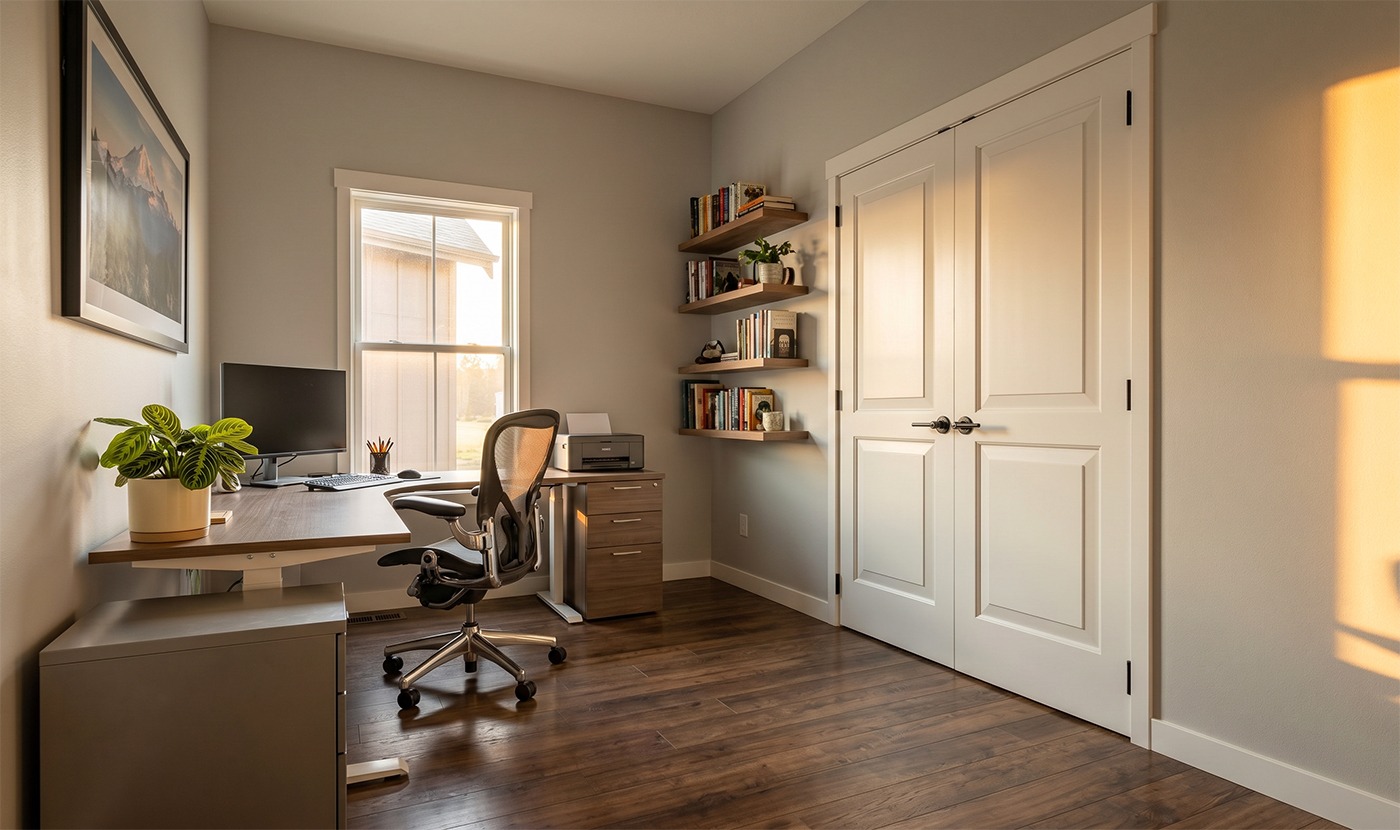 A bright home office with a wooden desk, computer, and ergonomic chair by a window, plus shelves and a printer nearby.