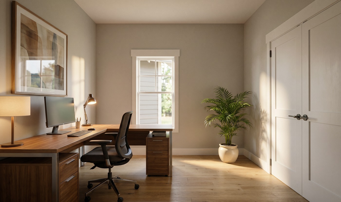 Modern home office with a wooden desk, computer monitor, task lamp, and an ergonomic chair by a sunlit window.
