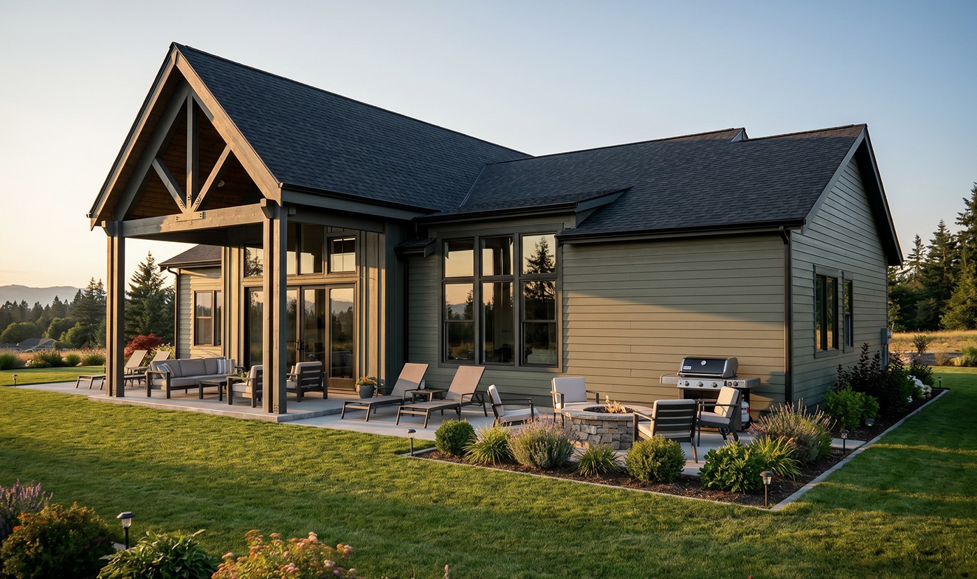 Modern single-story house with a covered patio, outdoor seating, and a stone fire pit on a manicured lawn at sunset.