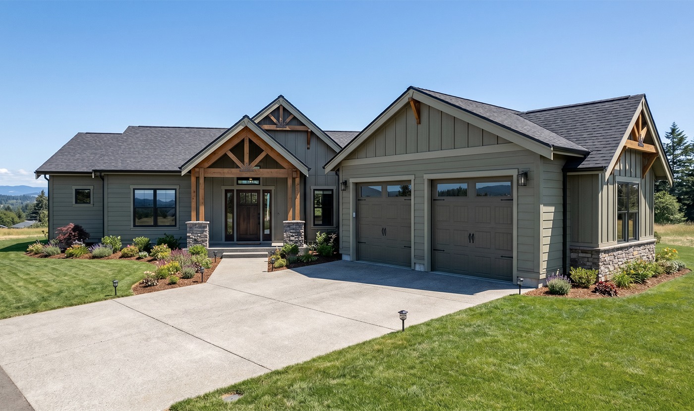Modern single-family home with a two-car garage, landscaped lawn, and clear blue sky.