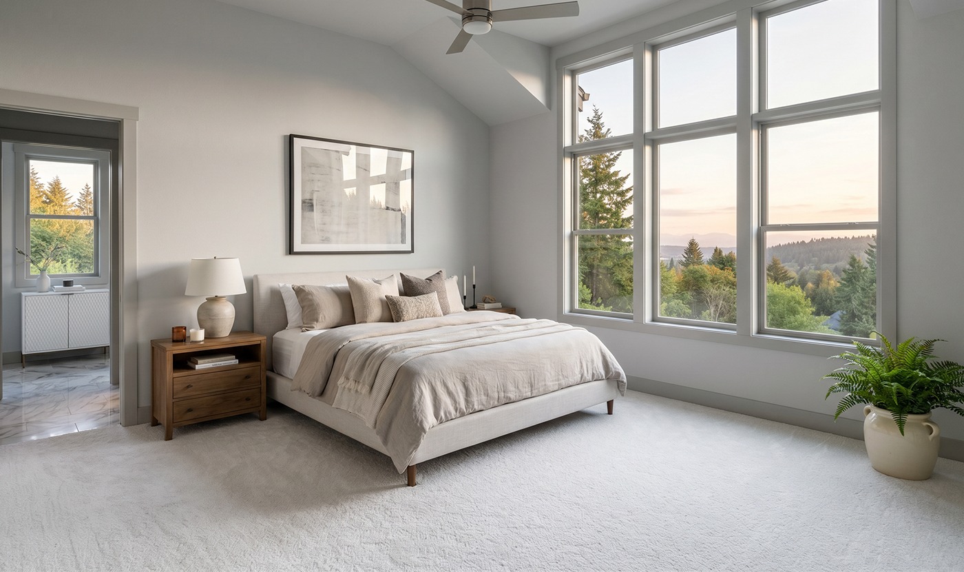 Bright bedroom with a beige upholstered bed, two wooden nightstands, and large windows showing a forested hillside at sunset.