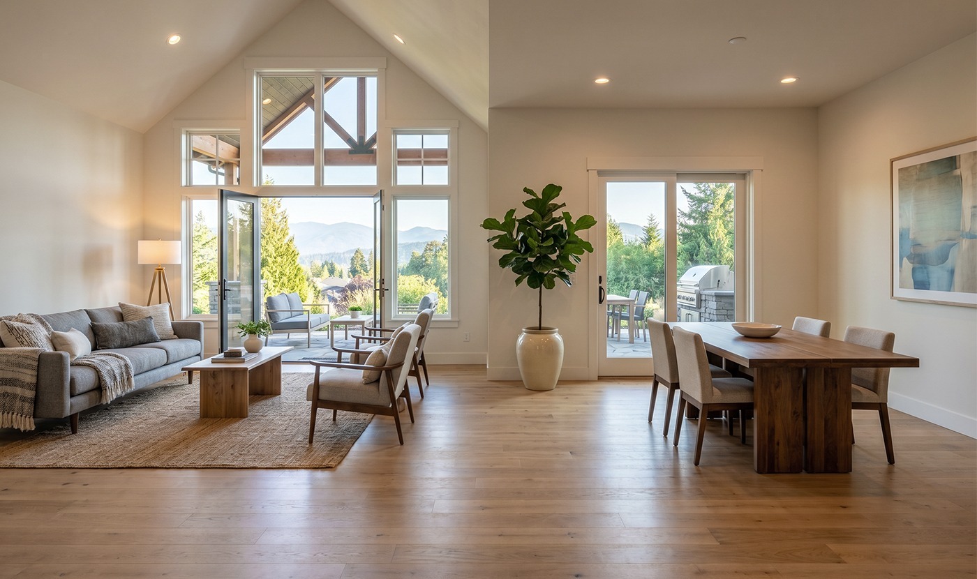 Open-concept living and dining room with a vaulted ceiling, large windows, and French doors opening to a patio with mountain views; sofa, chairs, and a wooden dining table nearby.
