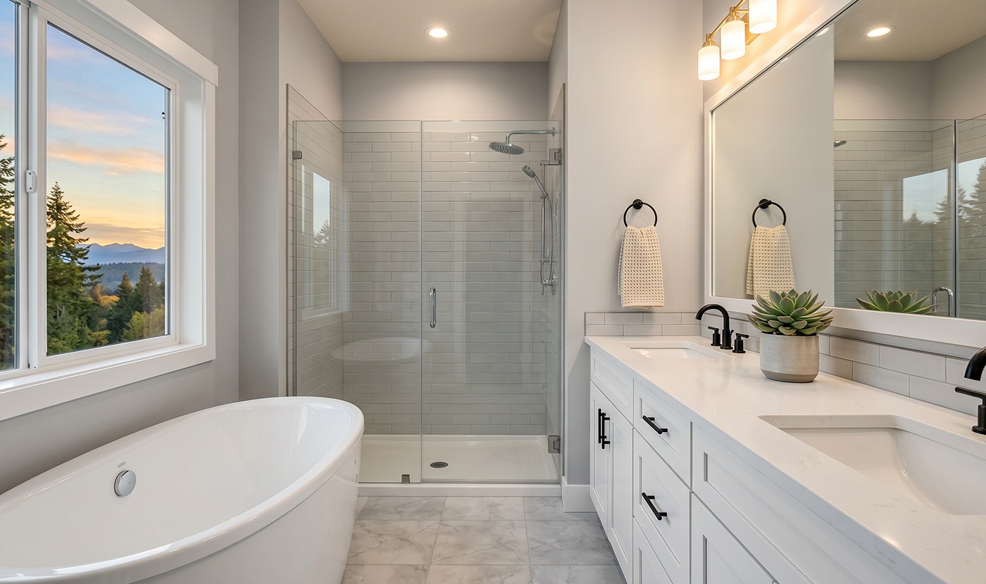 Modern bathroom with a freestanding tub by a window, glass-enclosed shower, and white vanity with black hardware.