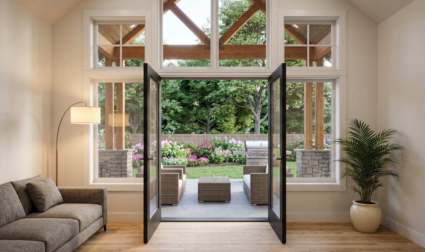 Living room with open French doors leading to a sunny backyard patio with wicker seating and a grill, surrounded by flowers and trees.