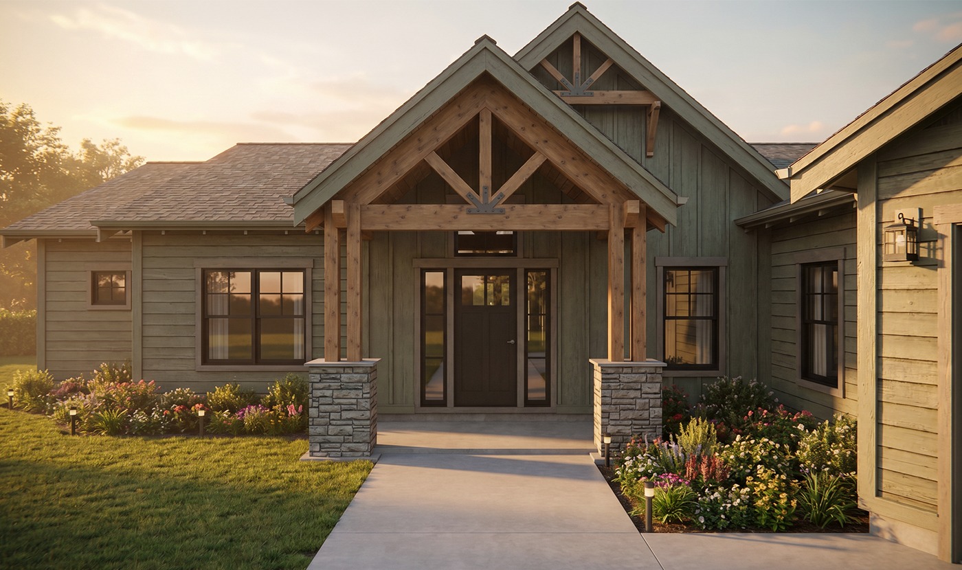 Front view of a modern suburban house with a wooden gabled porch, stone columns, and landscaped flower beds.