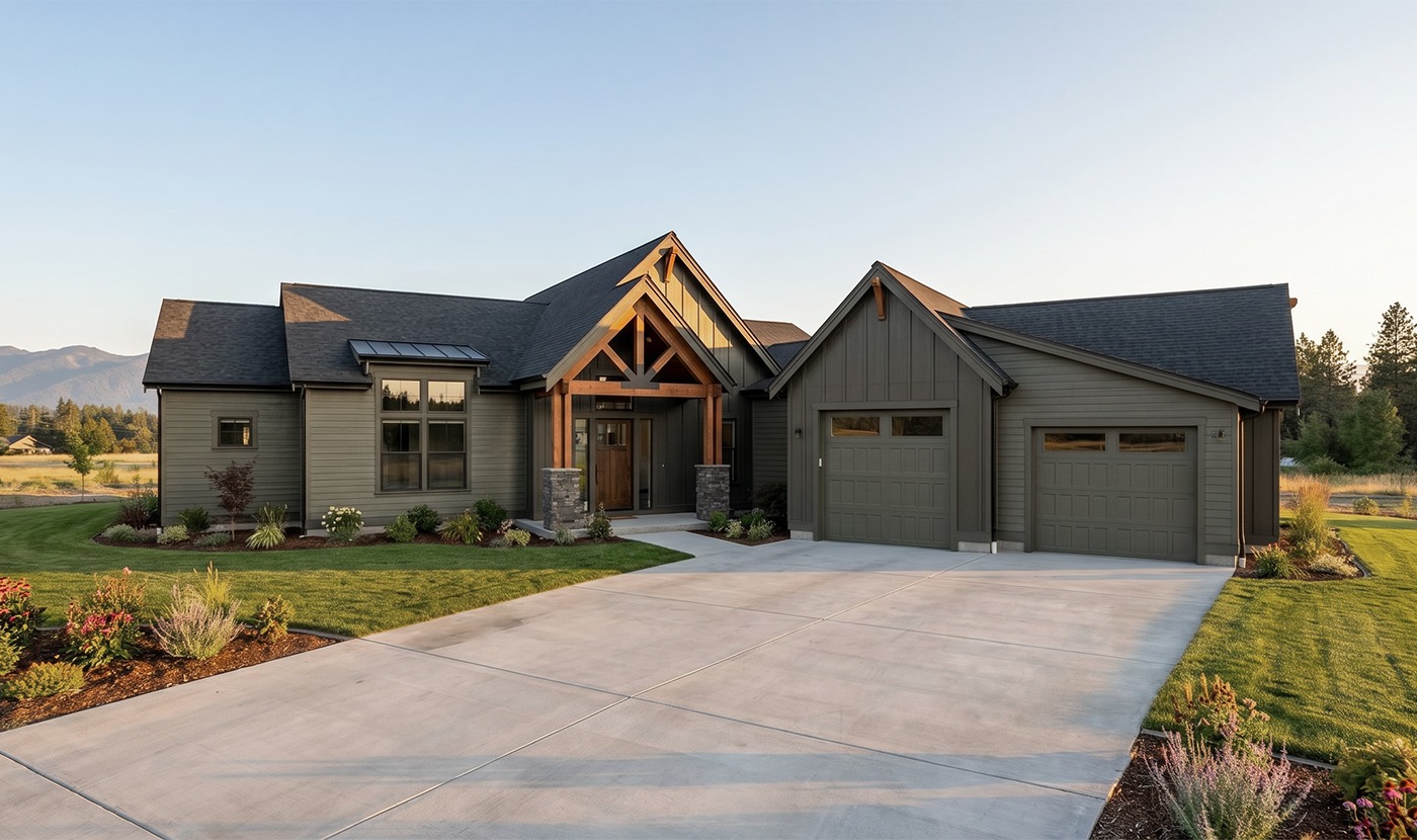 Front view of a modern gray house with a timber-framed entry, stone columns, and a two-car garage, with a manicured lawn nearby.