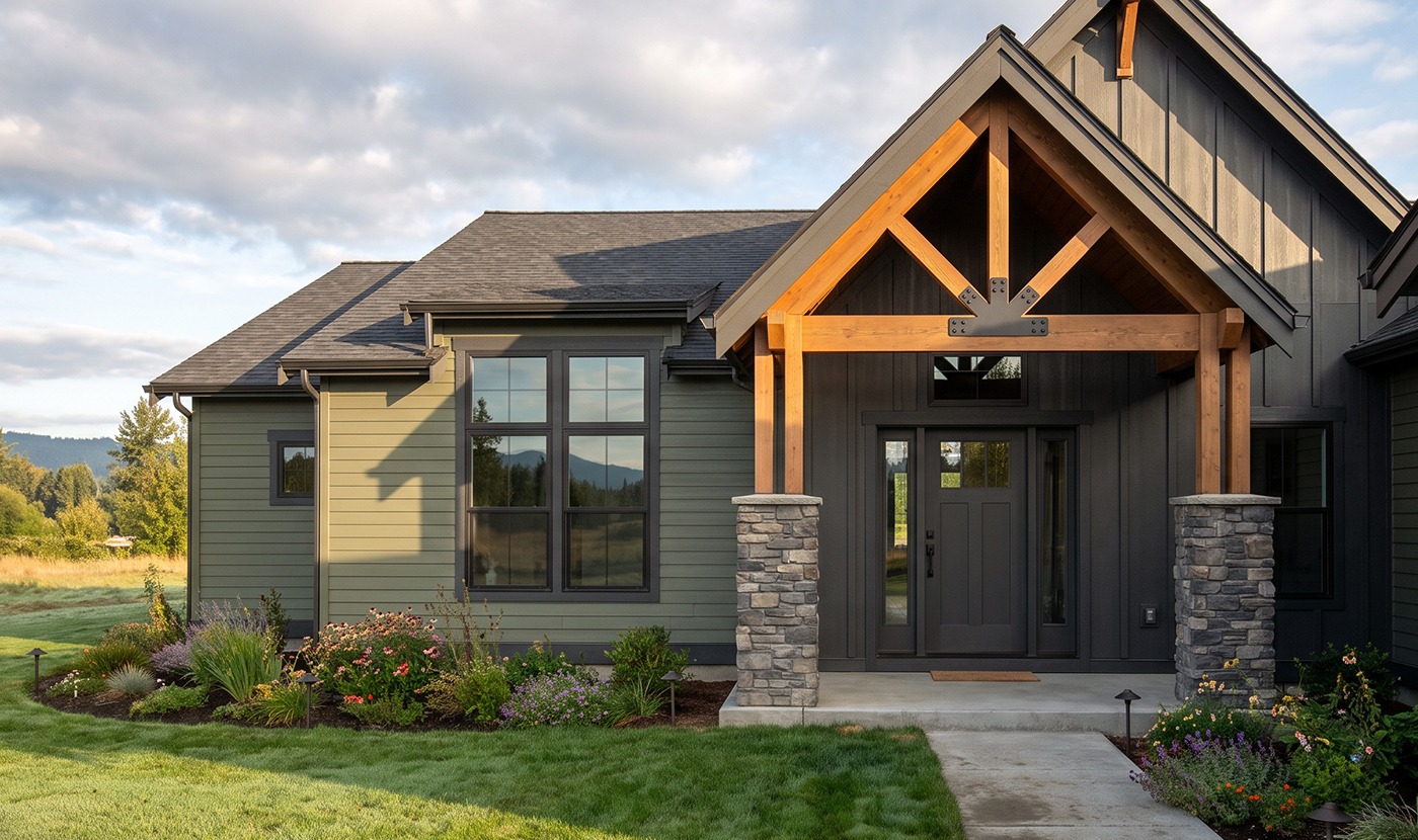 Front view of a modern house with a covered entryway supported by wooden beams and stone pillars, green lawn and garden beds.