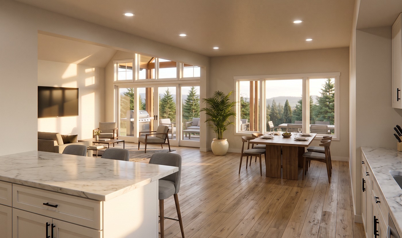 Open‑concept living space with a kitchen island, dining table, and large windows showing trees outside, bathed in warm light.