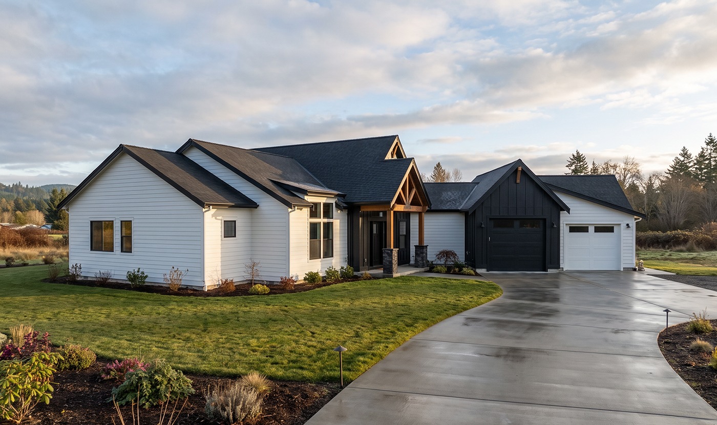 Modern single-story house with white siding, dark roof, covered entry, and attached two-car garage along a curved concrete driveway.