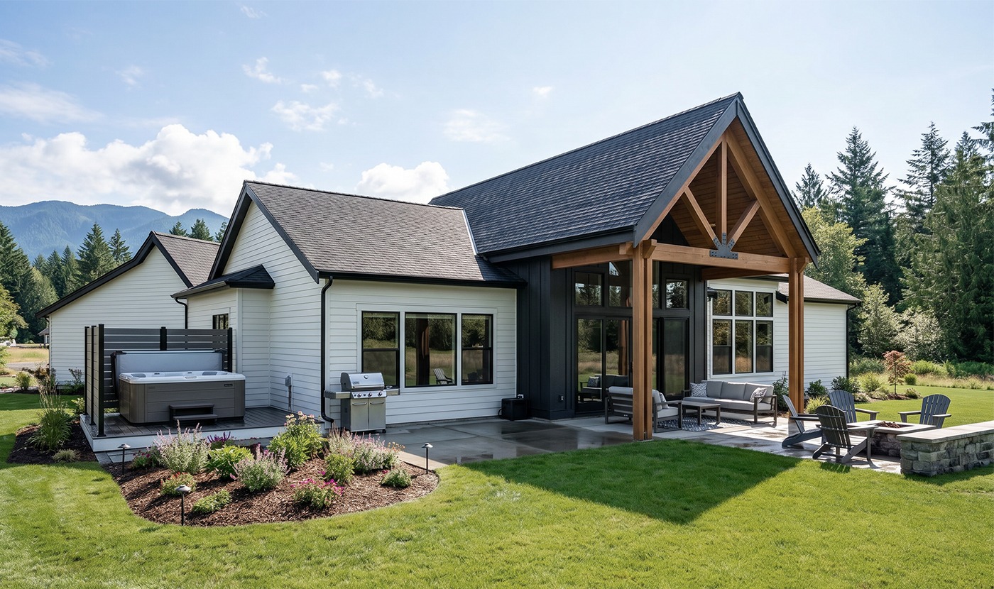 Modern single-story home with a wooden-framed, covered patio and outdoor seating on a well-kept lawn with garden beds nearby.