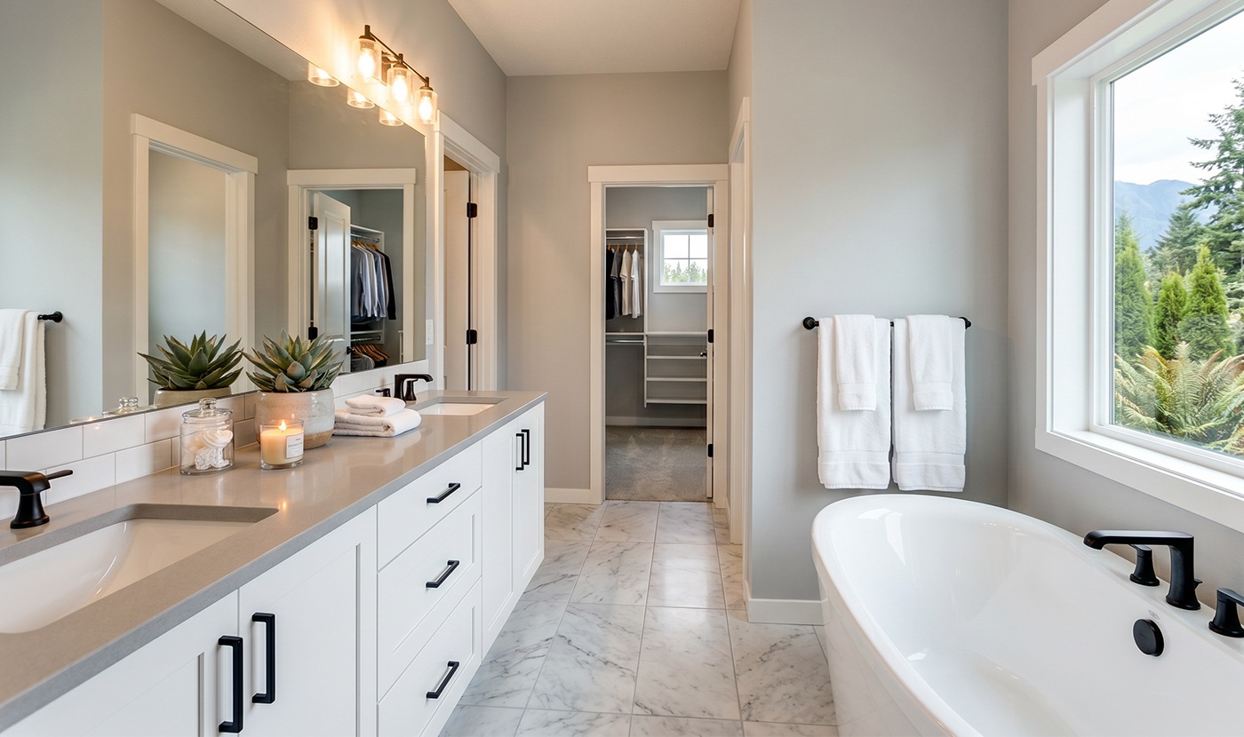 Bright modern bathroom with a white double vanity, black hardware, and a freestanding tub by a large window showing green scenery outside