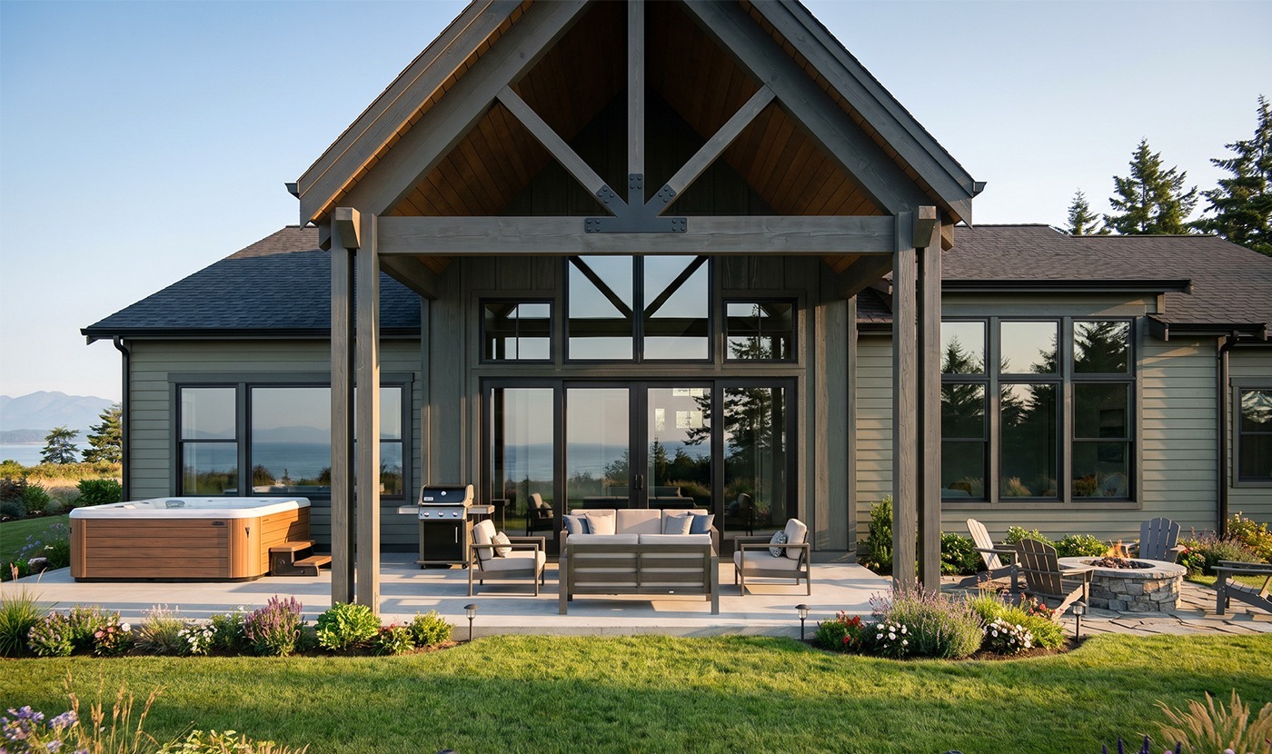 Backyard view of a contemporary house with a covered patio, outdoor seating, grill, hot tub, and a stone fire pit on the patio.