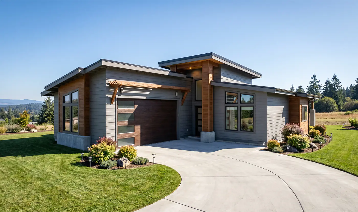 NEW Langley Revolution Slider Images_0000_render-0 17 - Inspire Homes Modern single-story house with gray siding, wood accents, and a curved concrete driveway in a landscaped yard.