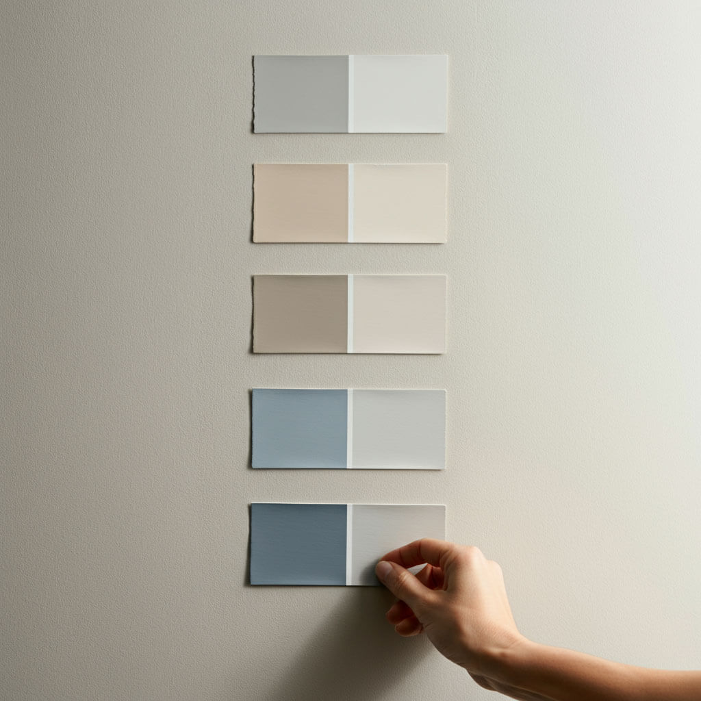 Person selecting color swatches from a wall.