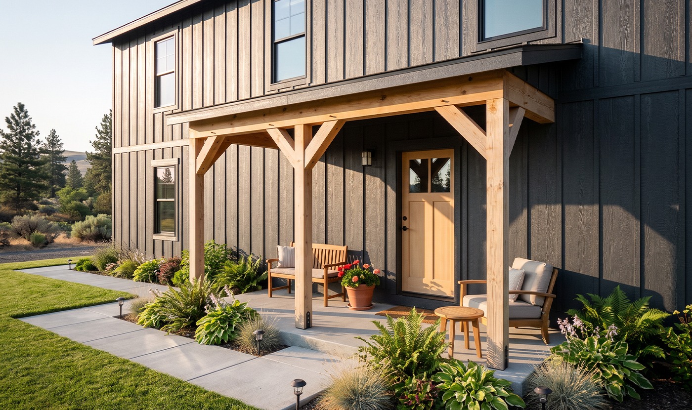 Front porch of a dark wood house with a natural wood pergola, two benches, a chair, and potted plants at the entrance.