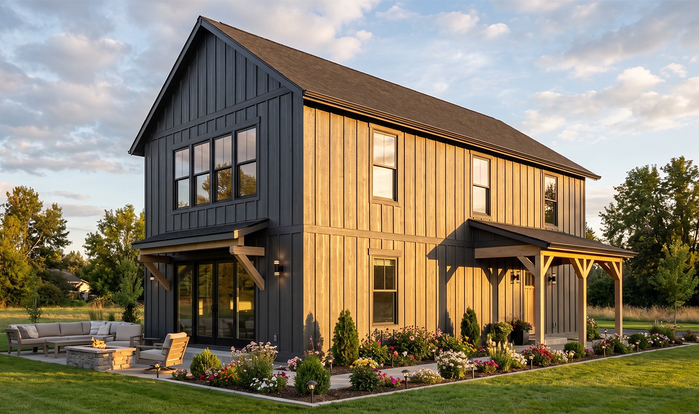 Two-story black wood-clad house with large windows, a covered entry, and a landscaped flower garden at sunset.