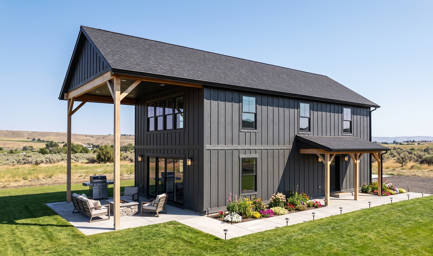 Two-story dark gray house with wooden columns, outdoor seating area, and a grill on a concrete patio in a open grassy landscape.