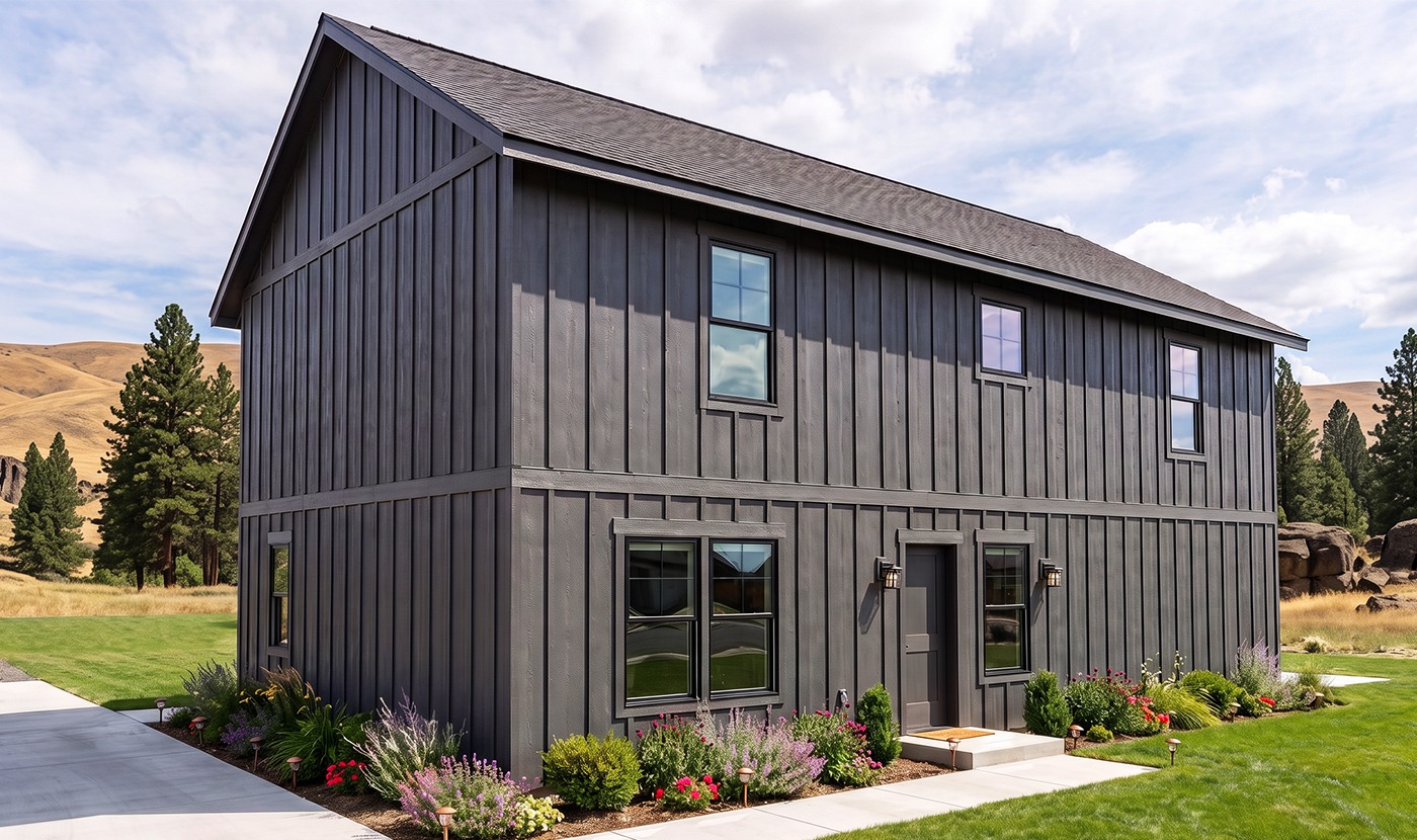 Front view of a two-story dark gray house with vertical siding, front door, and a flower-filled garden along the walkway under a blue sky.