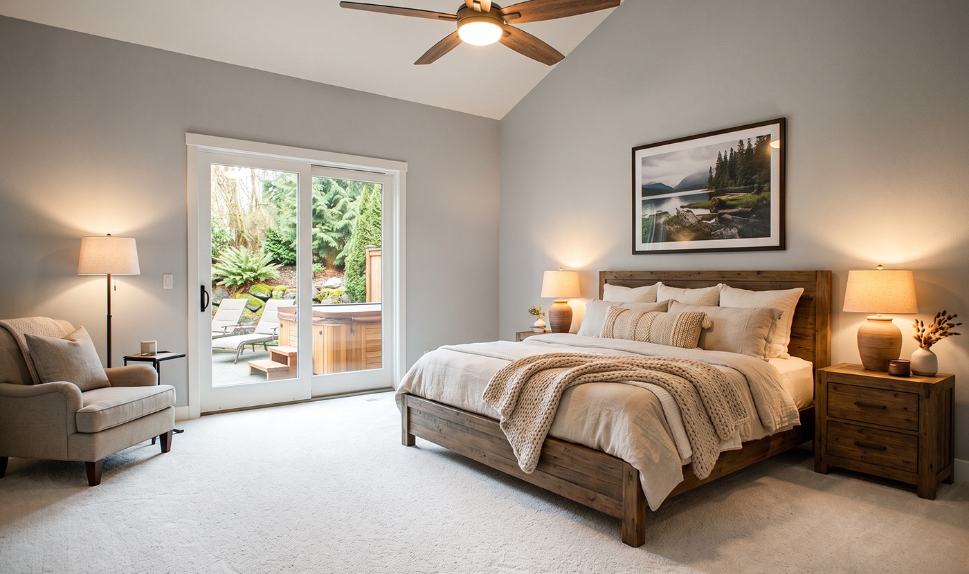 Cozy master bedroom with a wooden bed, matching nightstands, and neutral bedding; sliding glass door leads to a patio outside.