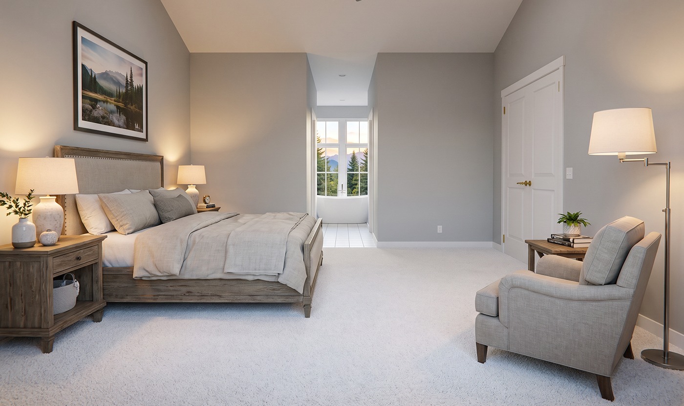 Hotel-style bedroom with gray walls, wooden bed, beige bedding, and matching nightstands with lamps on either side.