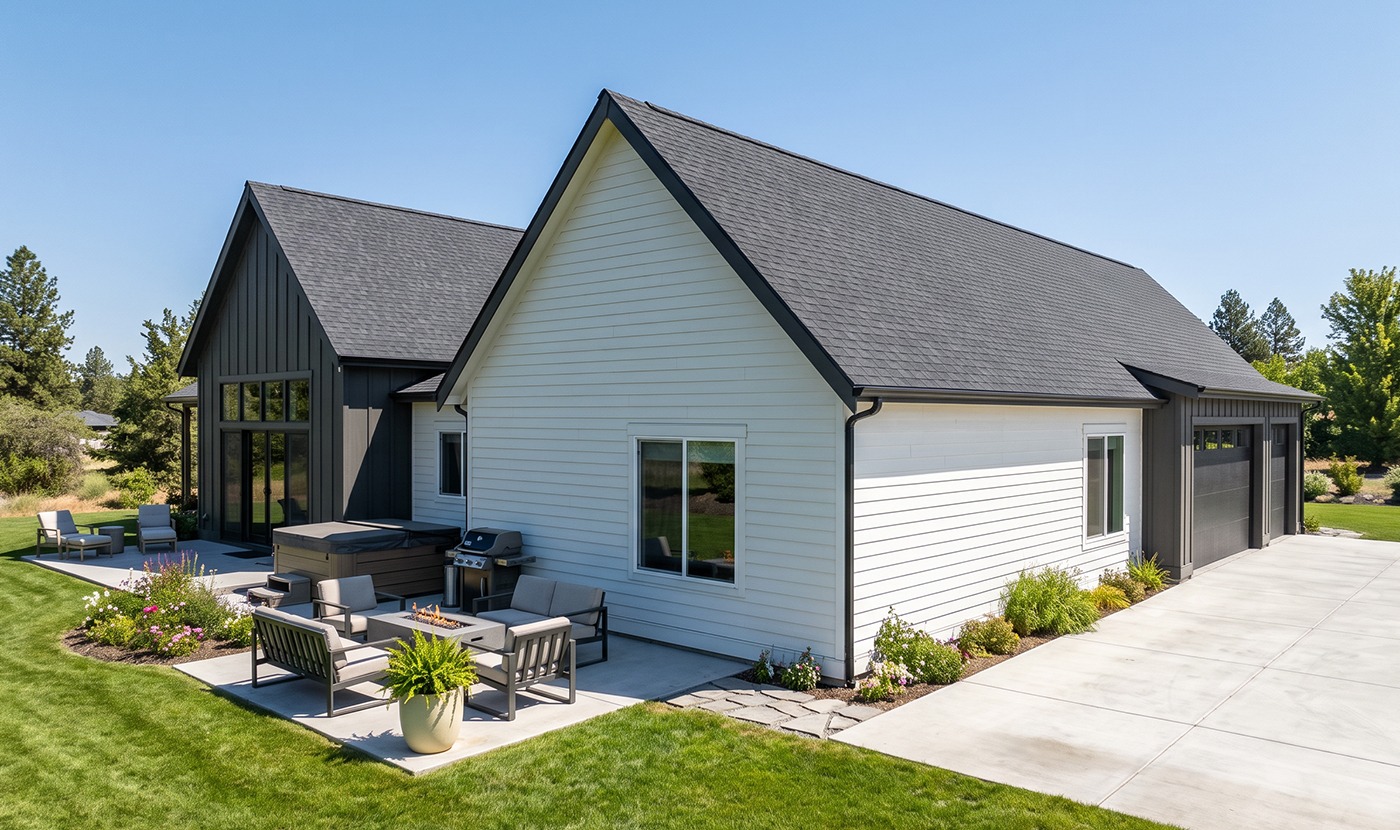 Modern single-story house with white siding and a dark roof, featuring a concrete patio with outdoor seating and a grill. In the yard, a manicured lawn and flower beds sit beside the patio.