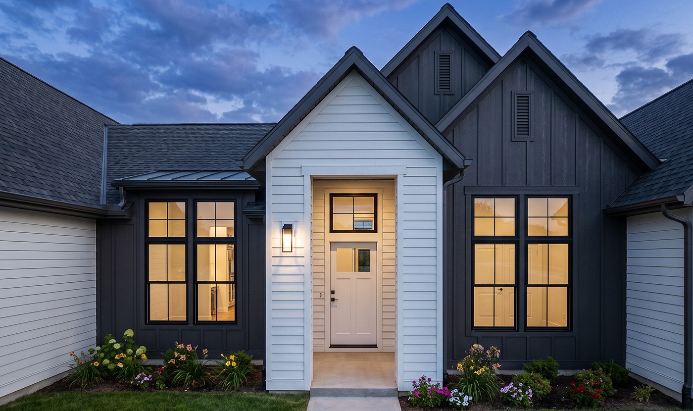 Front entry of a modern suburban home with white siding, dark window frames, and a warmly lit doorway surrounded by a small garden bed.