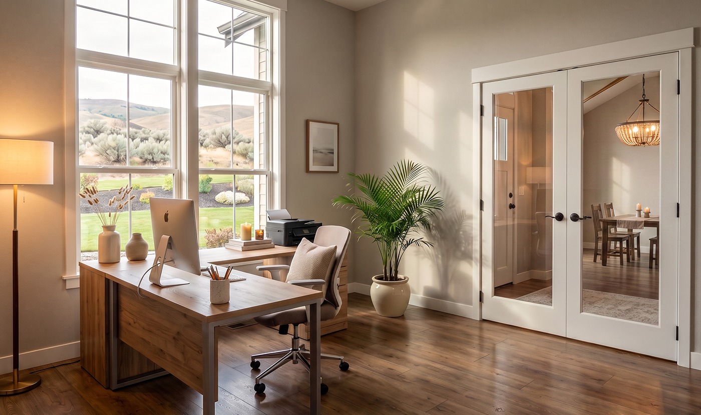 Bright home office by large windows with a wooden desk, iMac, printer, and a ceramic plant pot.