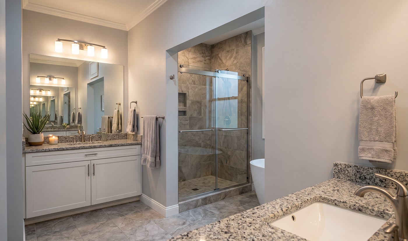 Modern bathroom with a double vanity, granite countertop, large mirror, and a glass-enclosed shower.