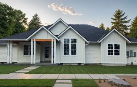 Redwood 2003 Front - Inspire Homes Modern single-story home with gray exterior siding