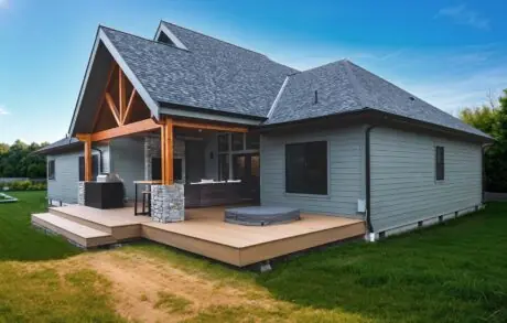 Redwood Timberframe Back - Inspire Homes Modern house with wooden deck and yard