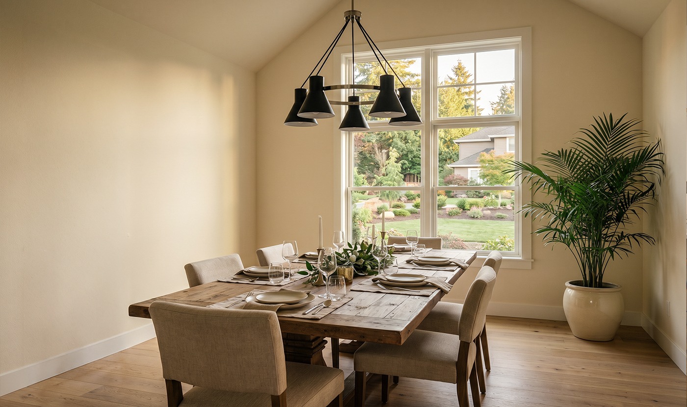 Rustic wooden dining table set for six in a bright beige dining room, with a black chandelier and a large window overlooking a landscaped yard; a tall potted plant sits in the corner.