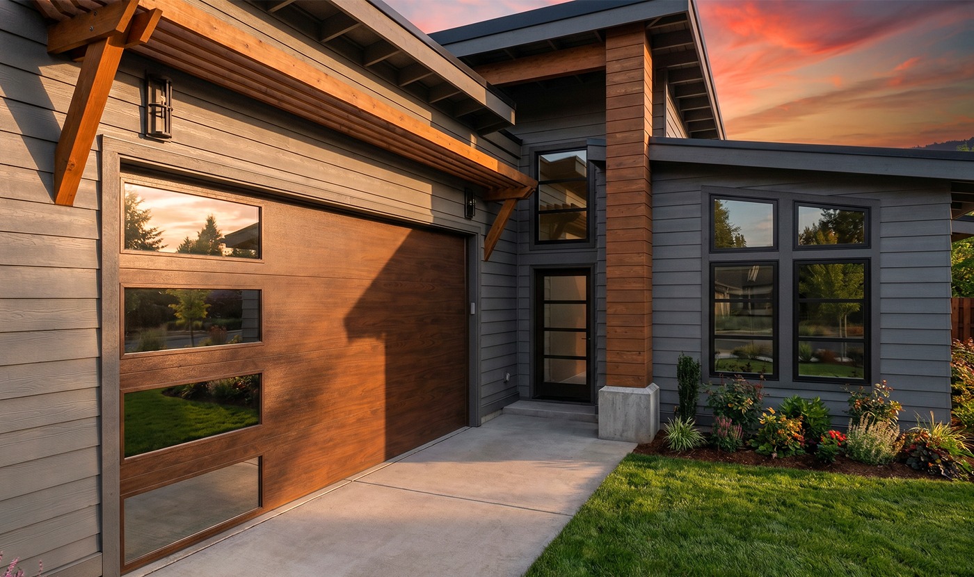 Modern home exterior featuring a wooden paneled garage door, gray siding, and a landscaped front yard at sunset.