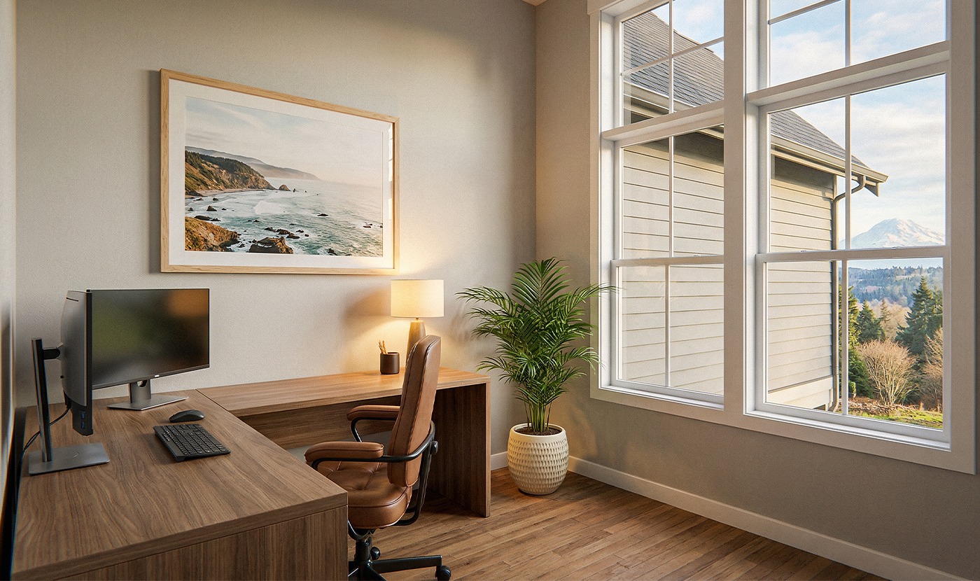 Home office with a wooden desk, computer monitor, and brown swivel chair beside a large window with a mountain view.