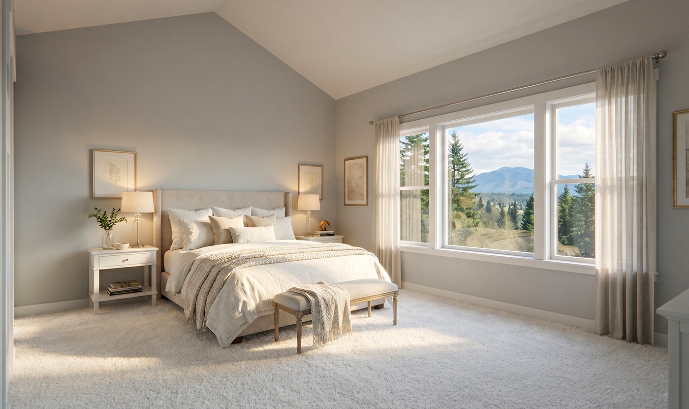 Bright neutral bedroom with a queen bed, matching nightstands and lamps, a plush bench at the foot, and a large window showing a mountain landscape outside.