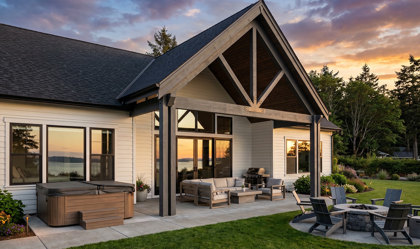 Backyard of a modern white house with a timber-framed covered patio, gray outdoor furniture, a hot tub, and a stone fire pit at sunset.