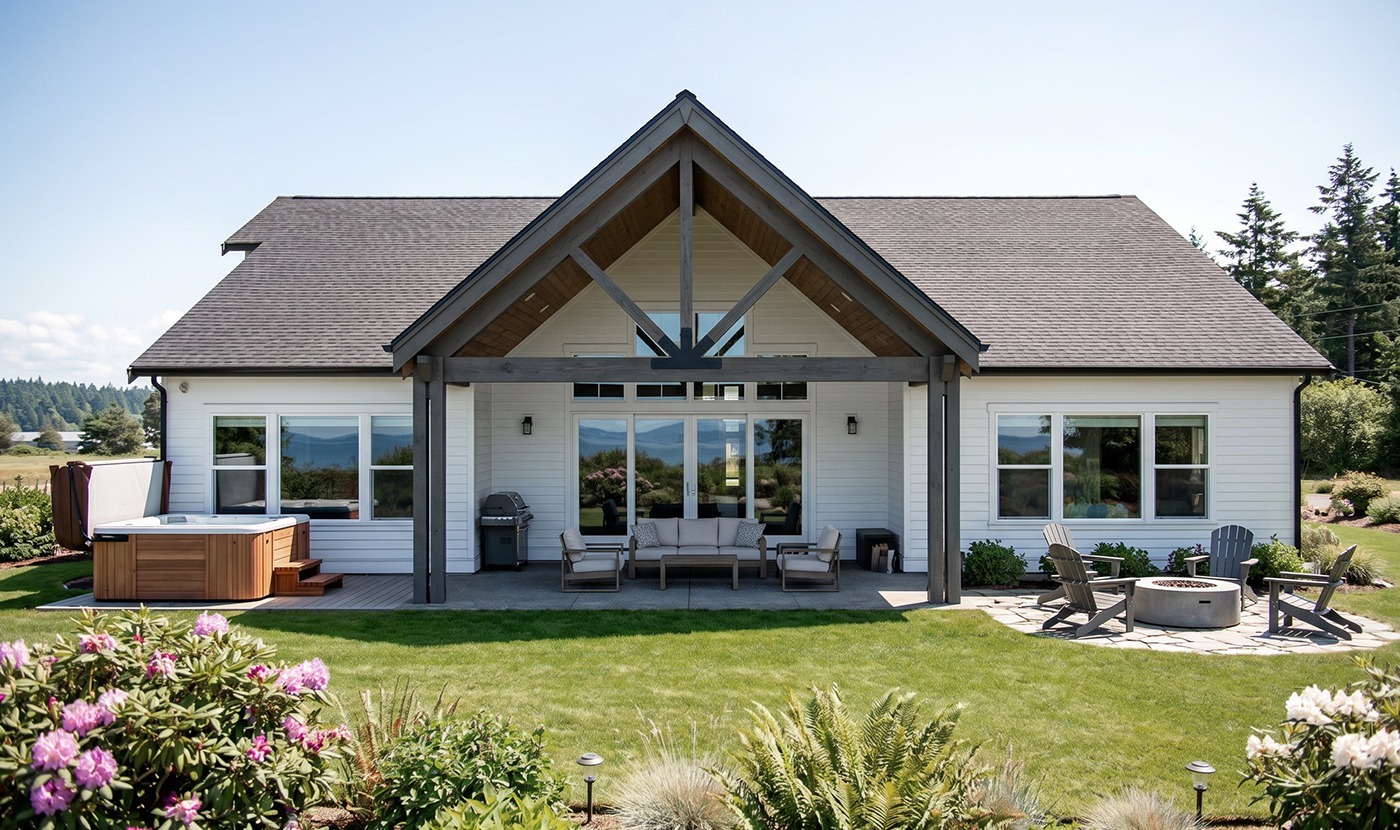White single-story house with a large covered patio, outdoor seating, hot tub on the left, and a circular fire pit area with chairs on the right, set in a green lawn garden.