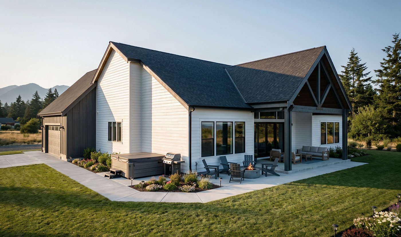 Modern white house with dark roof and a covered patio, outdoor seating around a fire pit on a spacious concrete patio.