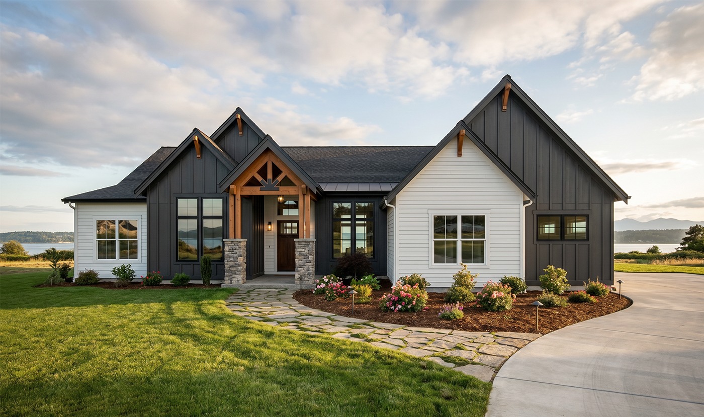 Modern farmhouse-style house with dark gray and white siding, stone entry pillars, and a curved driveway. (Informative)
