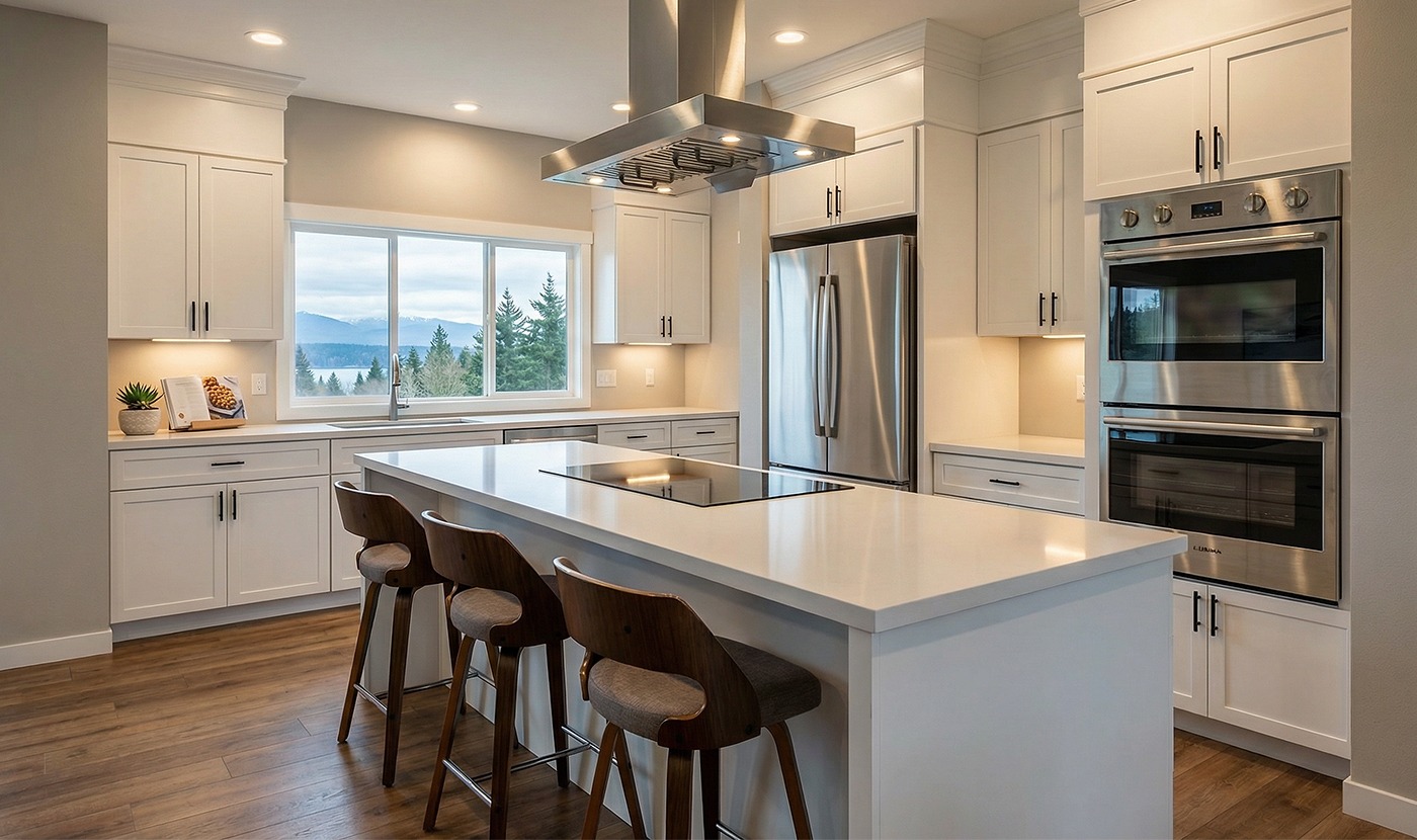 Bright white kitchen with a large island, stainless steel fridge and double ovens, and a view of trees and mountains through the window.