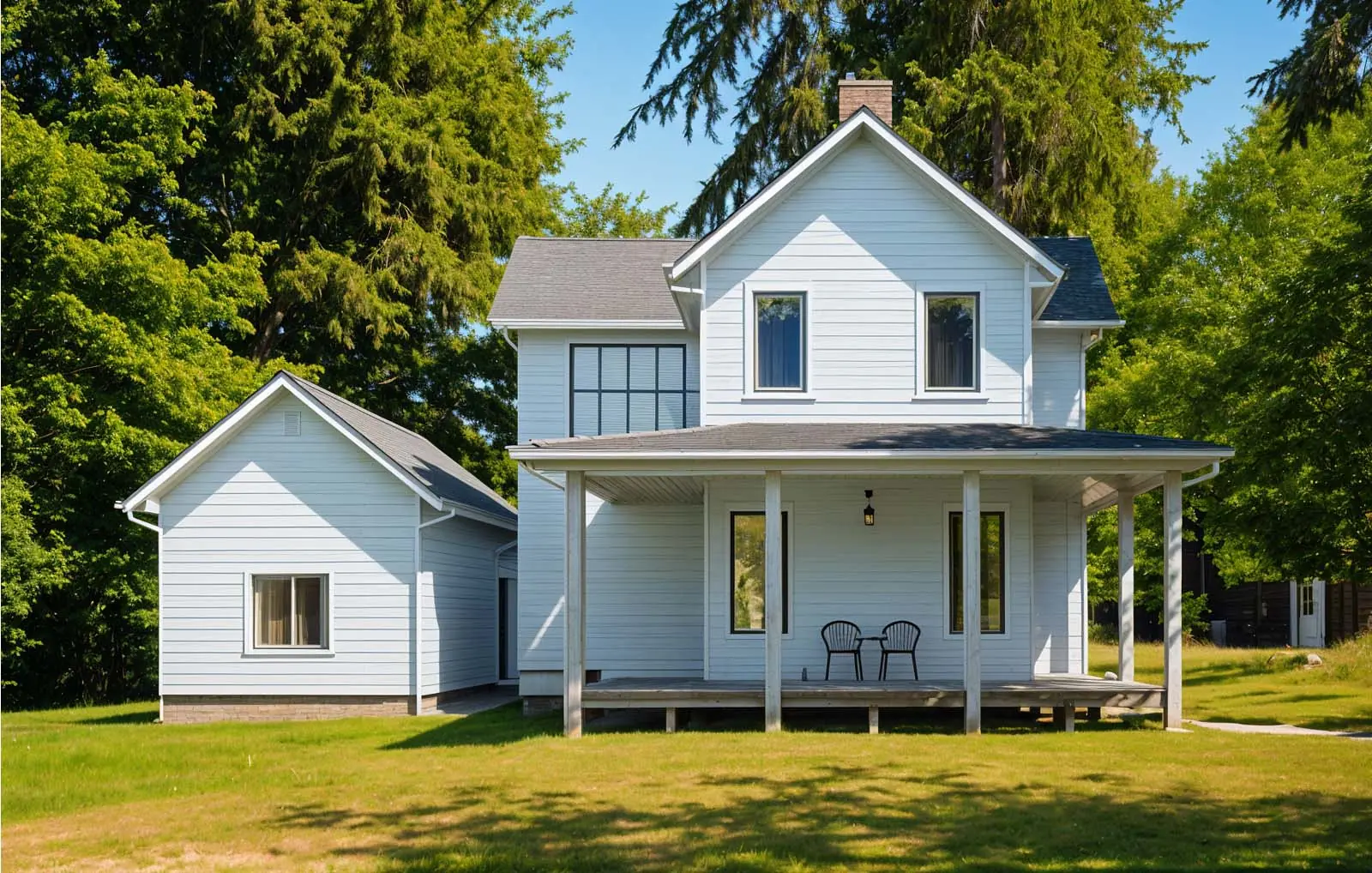 Charming white house with wraparound porch exterior.