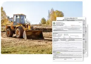 Construction site with bulldozer and paperwork forms