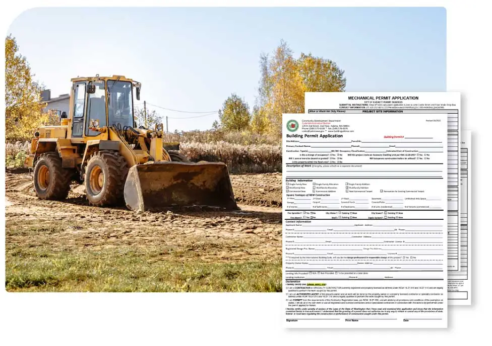 Construction site with bulldozer and paperwork forms